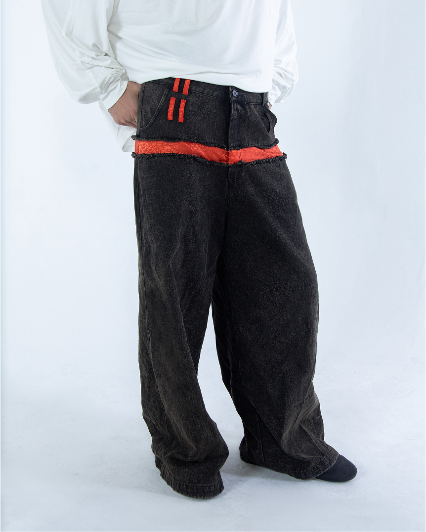 Za WideLeg Denim/Brocade Patch Pants Phoenix Red