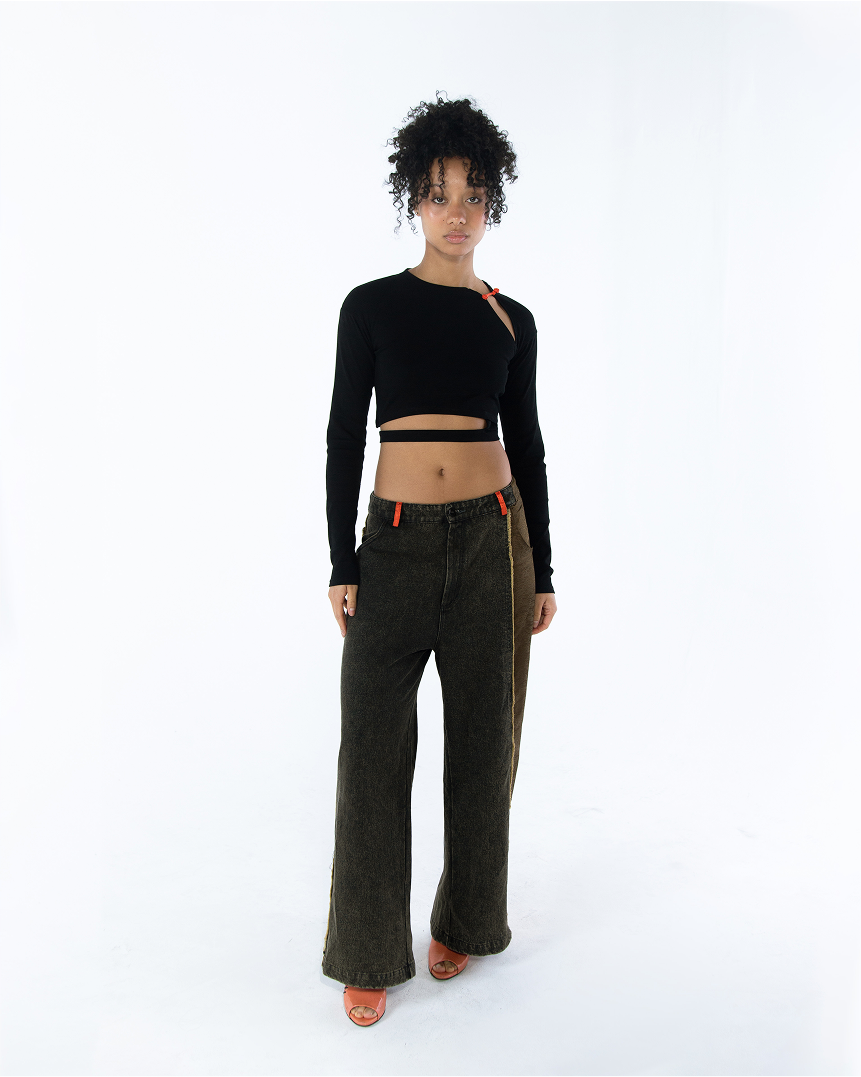 Wang Patch Denim Wide Leg Pants Phoenix Red