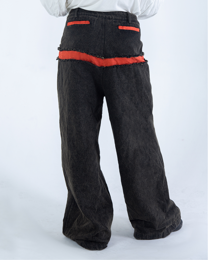 Za WideLeg Denim/Brocade Patch Pants Phoenix Red