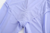 Meng Mid Rise Flare Pants, MID-RISE - WIDE-LEG - FULL LENGTH, Stretch Knit Fabric and Lining, Brocade Knot Button Center Front, lavender, lining close up
