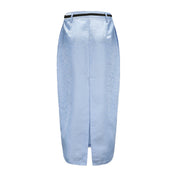 Peng Back Slit Cargo Midi Skirt, Mid Waist Fit, Back Center Slit, Side Pockets, Brocade Belt, DAWANG CUSTOM LOGO BROCADE, blue, back