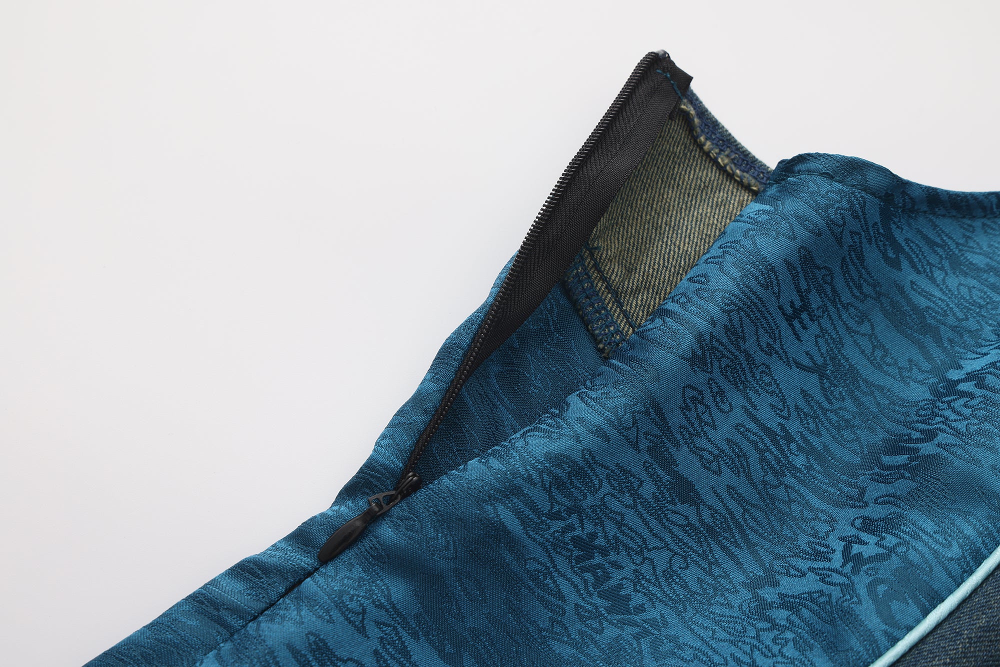 Ru Patch Denim Brocade Maxi Dress Forest Blue