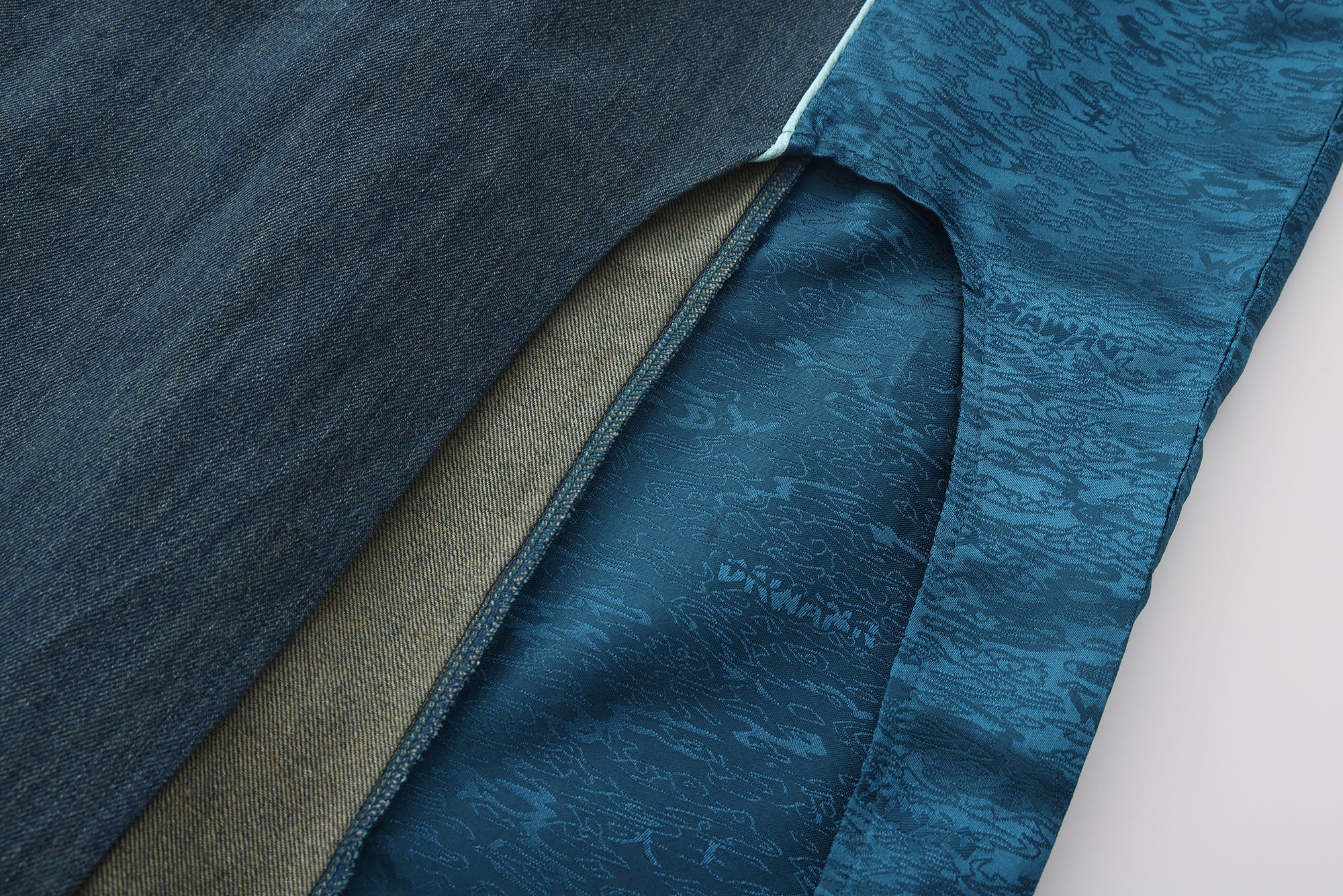 Ru Patch Denim Brocade Maxi Dress Forest Blue