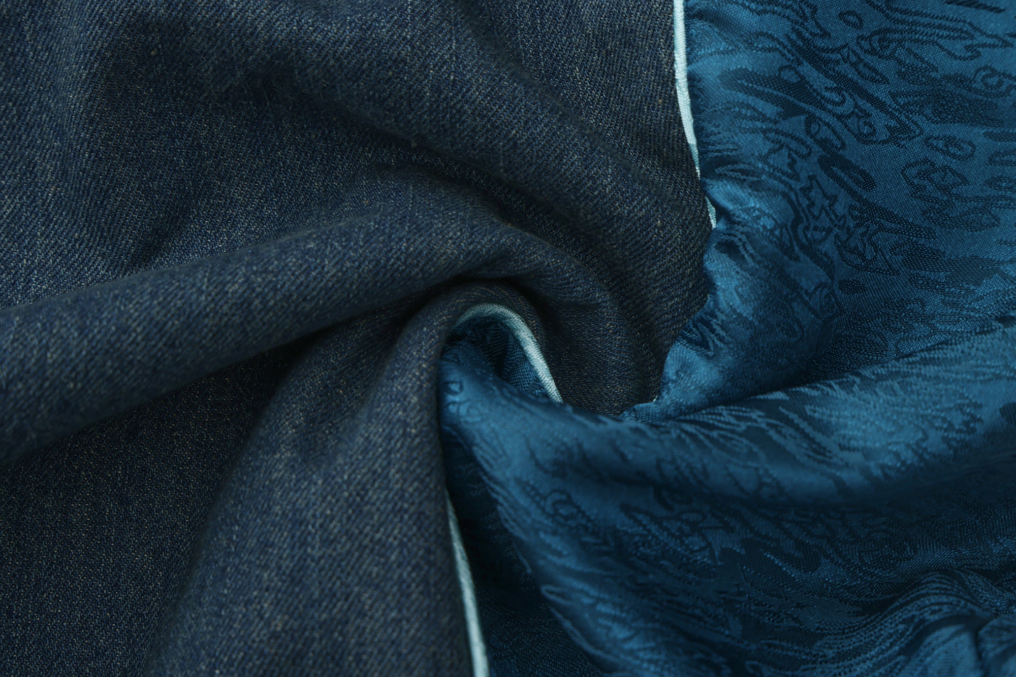 Ru Patch Denim Brocade Maxi Dress Forest Blue