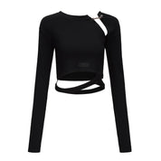 Ju Cutout Long Sleeve Knit Top, Stretchy Knit Long Sleeve, Neckline Front and Back Cutout, Piping, Waist Cut Out, Center Logo Embroidery, front