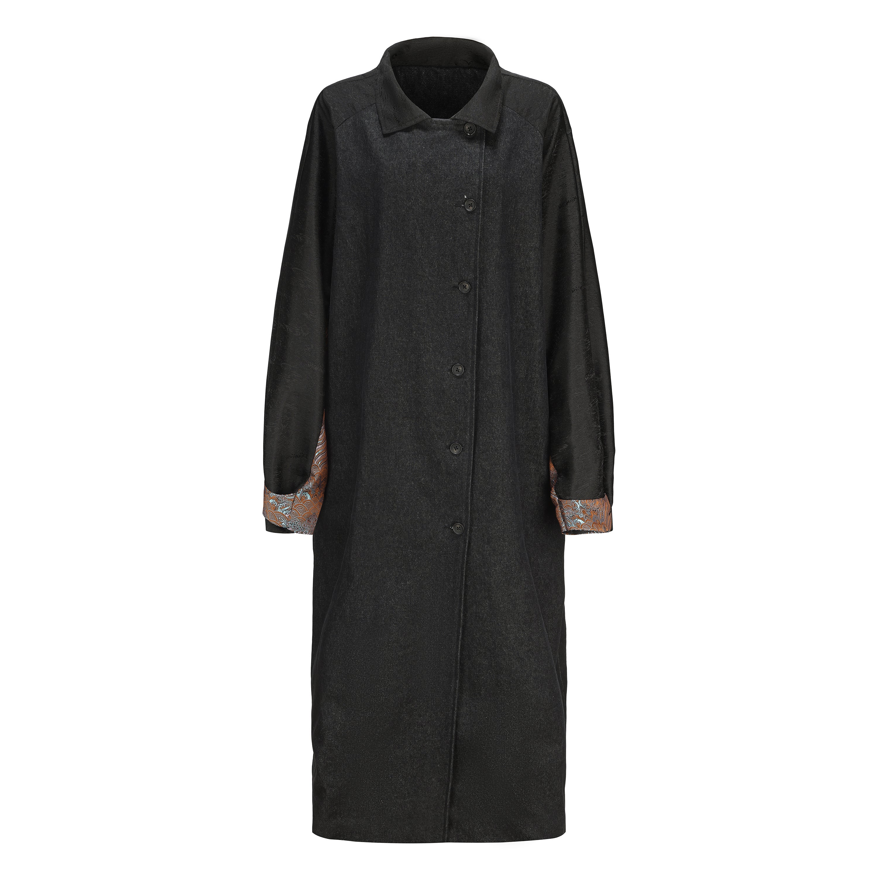 Li Patch Collar Button Oversized Coat, Drop Shoulder Oversized, Contrast Black DAWANG, Brown Brocade Patch on Both Sleeves, Side Button, front
