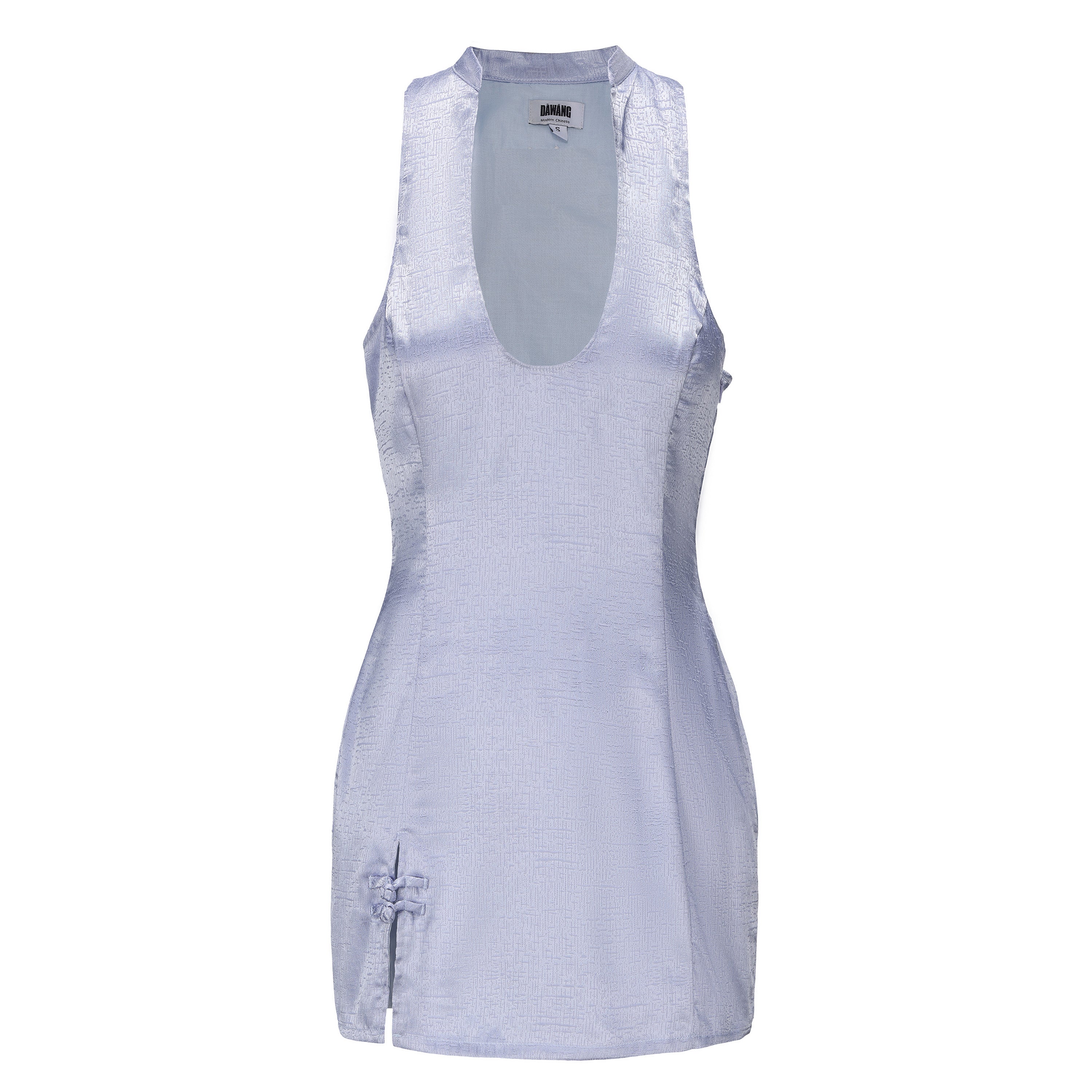 Hua Sleeveless Brocade Mini Dress, Open Collar, Single Slit with Knot Button, Logo Embroidery Back, periwinkle, front