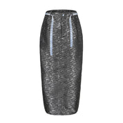 Peng Back Slit Cargo Midi Skirt, Mid Waist Fit, Back Center Slit, Side Pockets, Brocade Belt, DAWANG CUSTOM LOGO BROCADE, silver, front