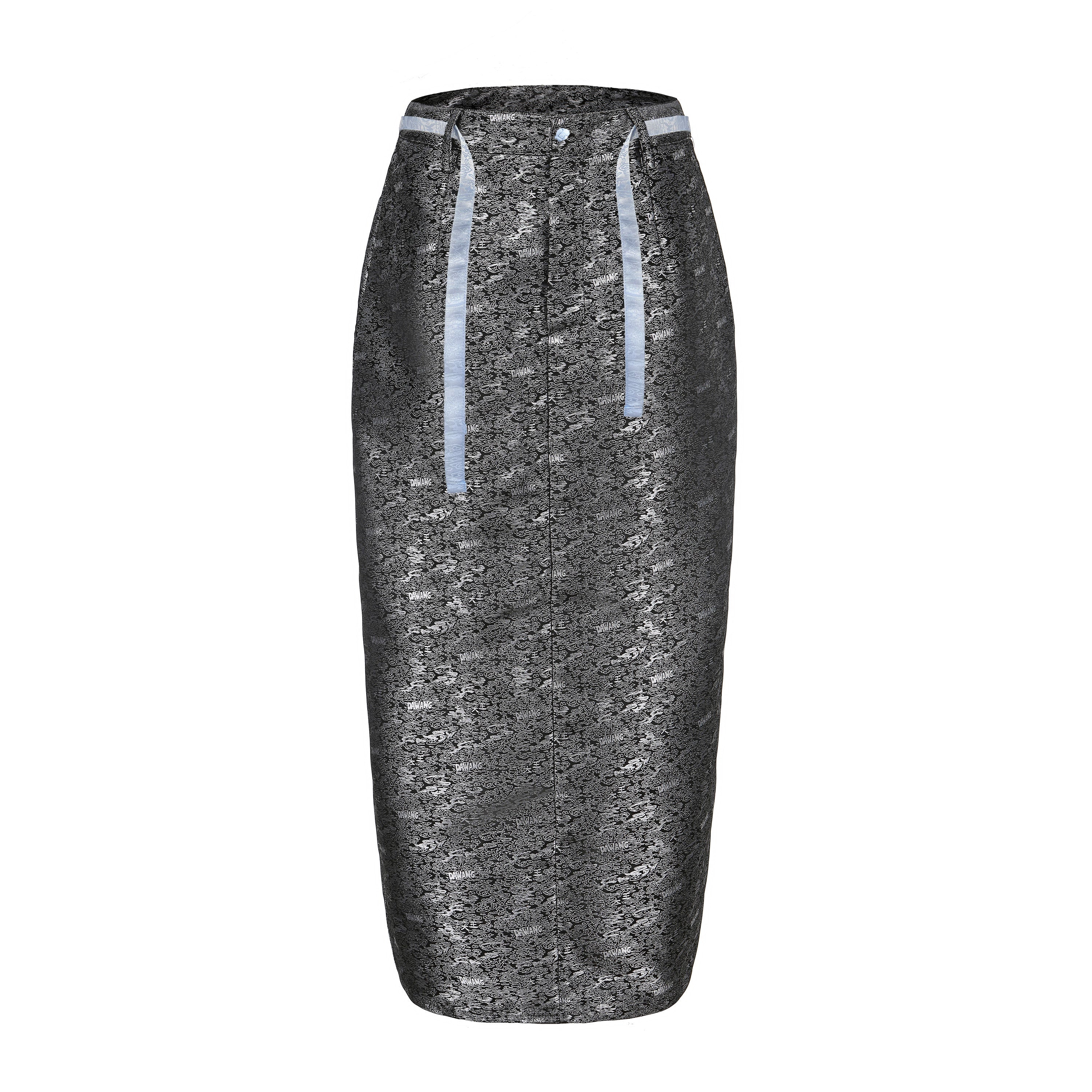 Peng Back Slit Cargo Midi Skirt, Mid Waist Fit, Back Center Slit, Side Pockets, Brocade Belt, DAWANG CUSTOM LOGO BROCADE, silver, front