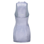 Hua Sleeveless Brocade Mini Dress, Open Collar, Single Slit with Knot Button, Logo Embroidery Back, periwinkle, back