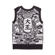 Double Sided Jacquard Sweater Vest, Jacquard knit graphic pattern, black, Rib knit crewneck collar, armscyes, hem, side1