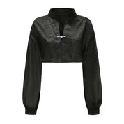 Hei Open Collar Crop Top, Drop Shoulder Oversized Fit, Contrast Color Piping, Center Front Knot Button, Brocade Black, front
