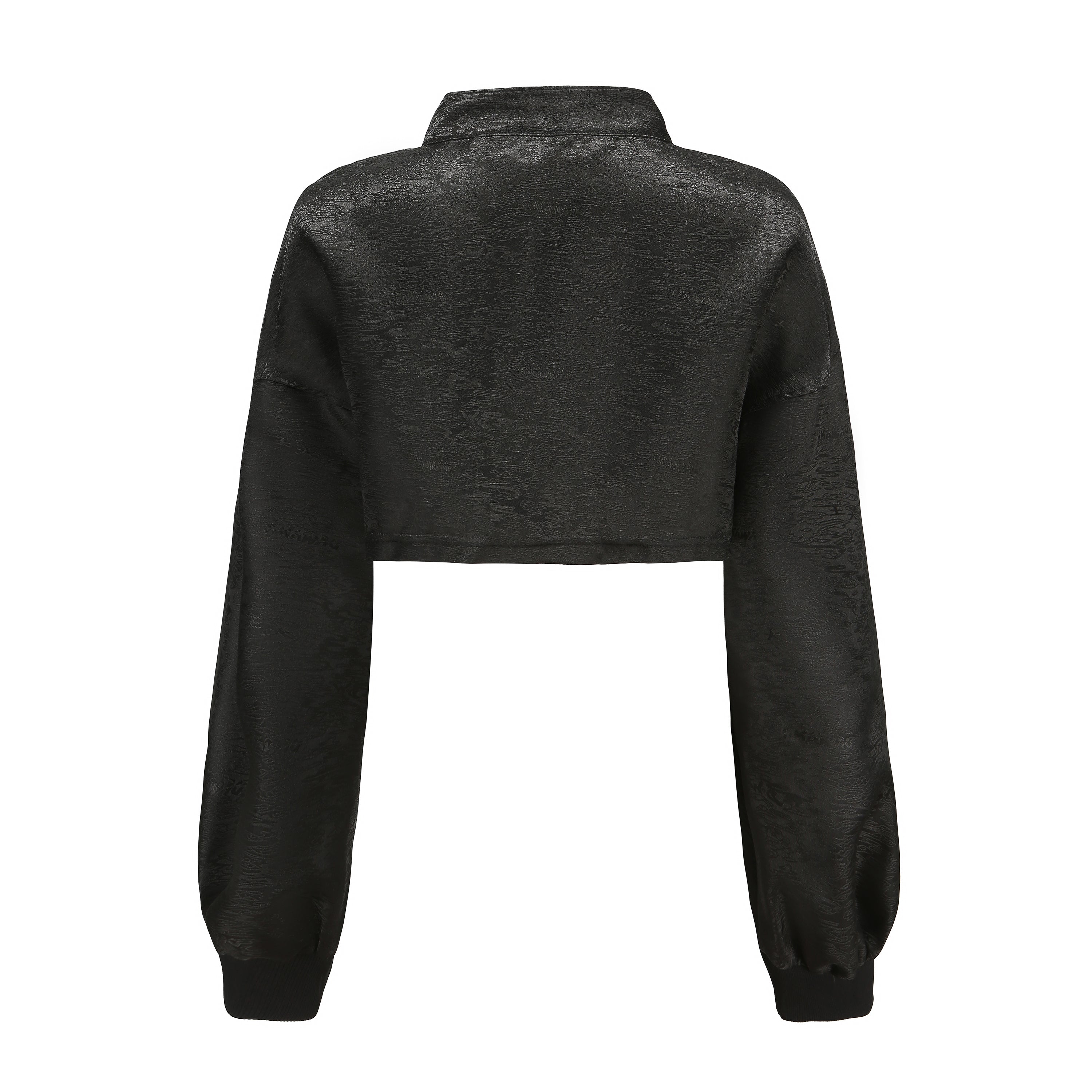 Hei Open Collar Crop Top, Drop Shoulder Oversized Fit, Contrast Color Piping, Center Front Knot Button, Brocade Black, back