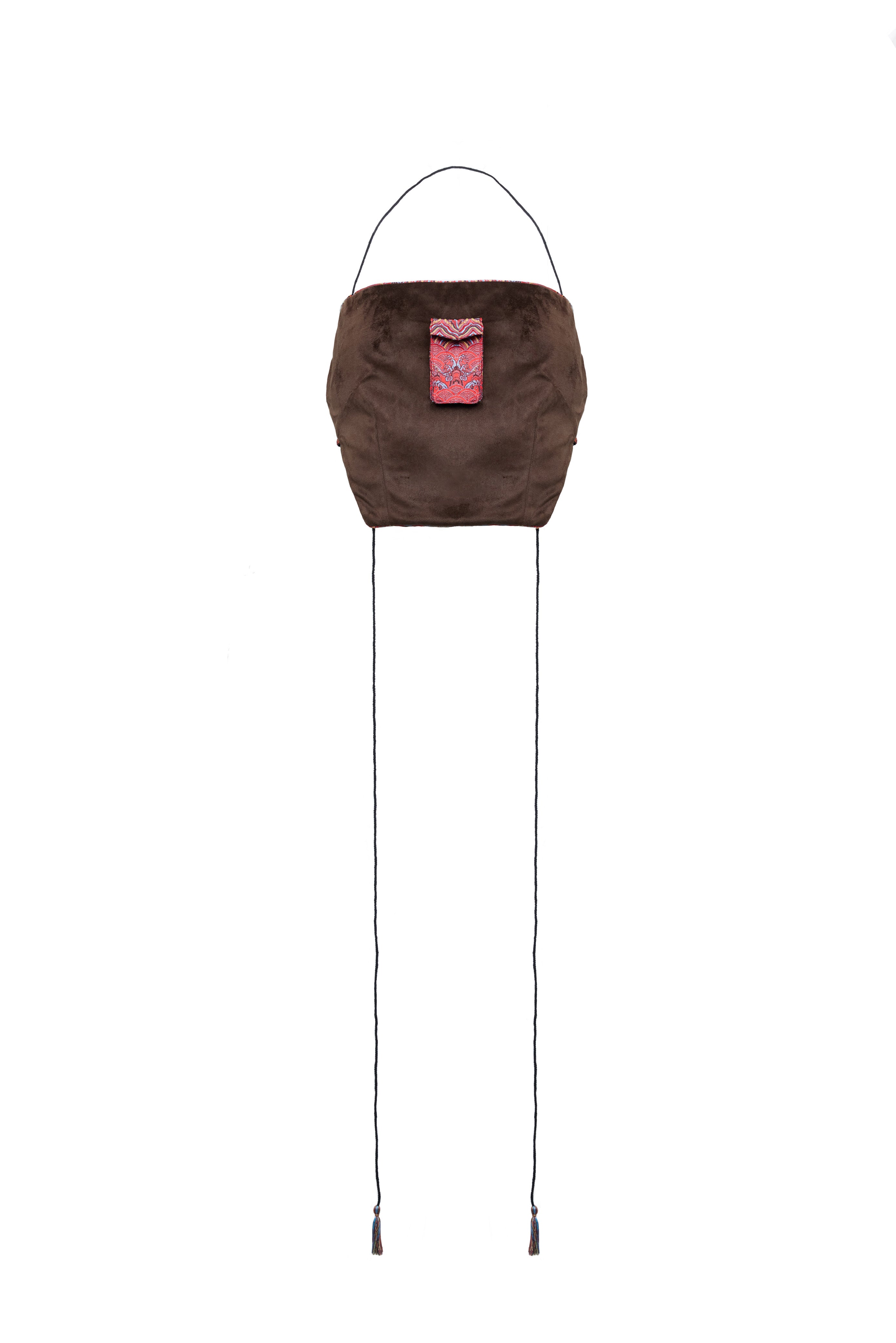 FU DAI Reversible Apron top, remove logo tag, Brocade Piping, Center Front Pocket, Back Tie-Up, Optional loops, brown, side1