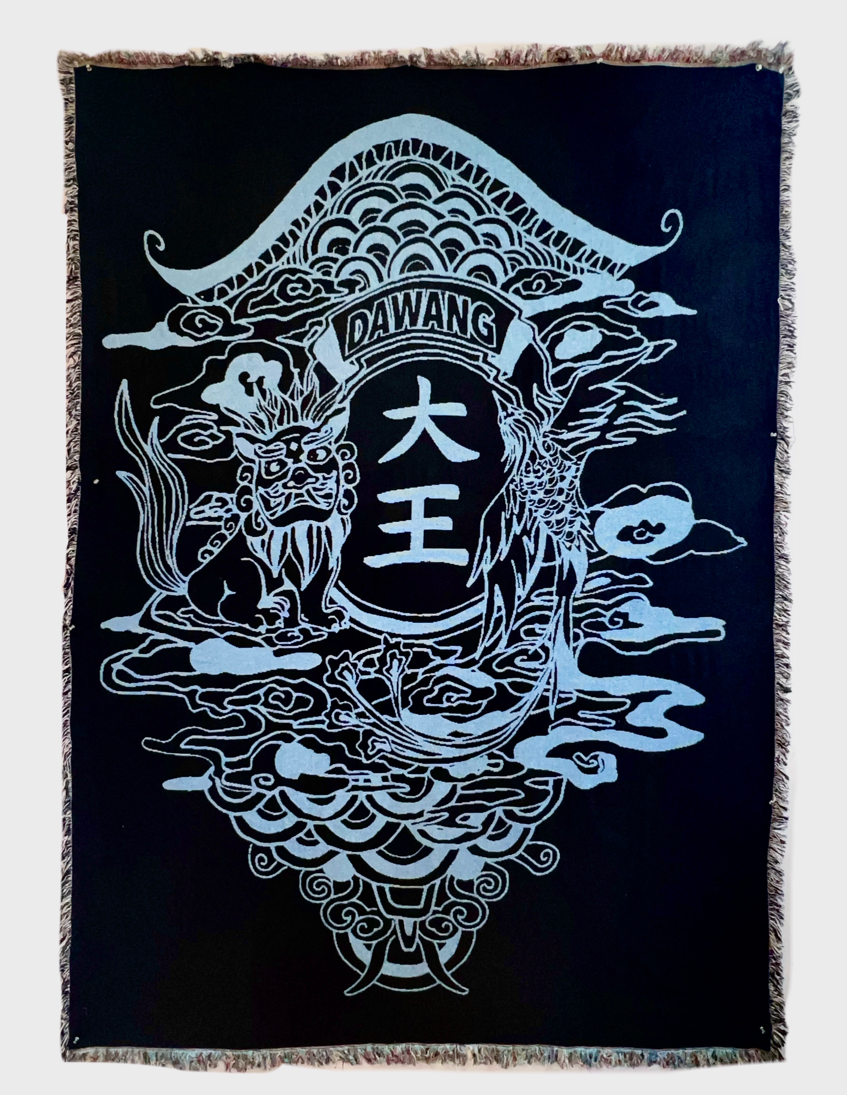 MénShén Motif Tapestry, 1st home decor, MenShen 门神 motif, Fringe trim, black, side1
