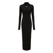 Lian High Neck Open Back Maxi Dress, Silk Brocade Piping, Knot Button Closure on Back and Cuff of Sleeves, front